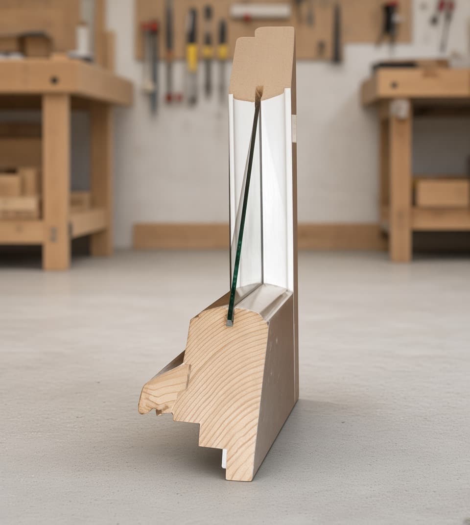 Sezione di un infisso in legno con un vetro singolo in battuta
