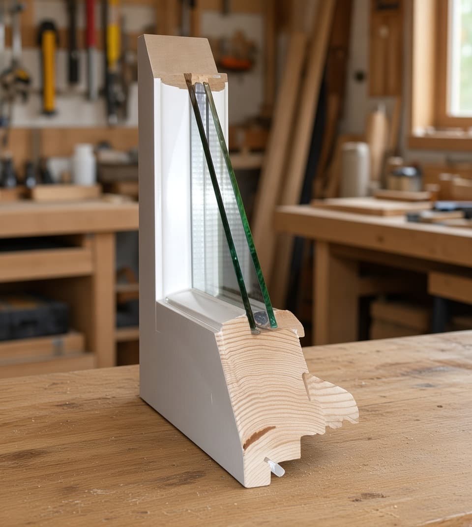 Sezione di un infisso in legno con una vetrocamera e il distanziale